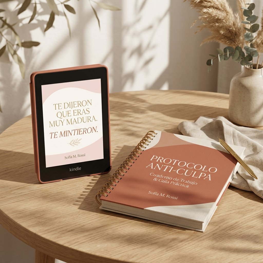 Mockup Ebook 'Te dijeron que eras muy madura. Te mintieron.' junto al Journal 'Protocolo Anti-Culpa'